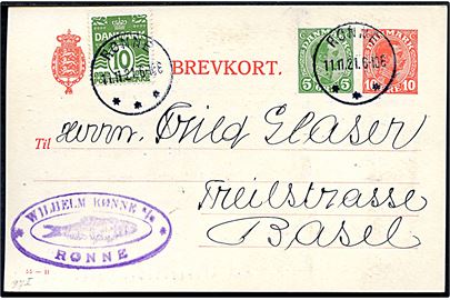 5+10 øre Chr. provisorisk helsagsbrevkort med udelt forside (fabr. 55-H) opfrankeret med 10 øre Bølgelinie fra Rønne d. 11.11.1921 til Basel, Schweiz.