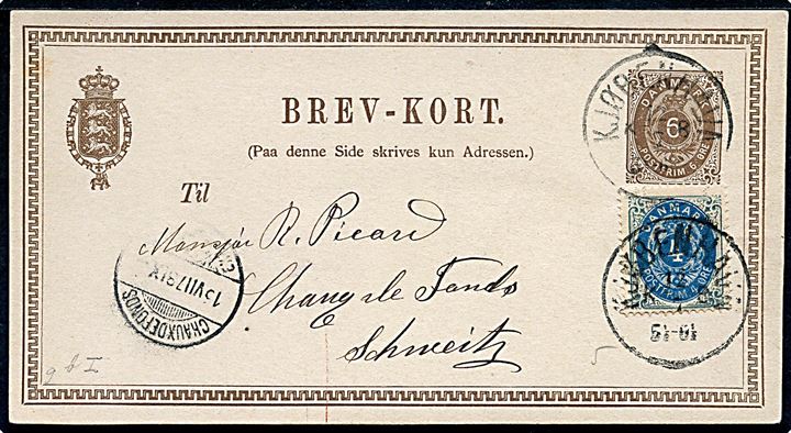 6 øre helsagsbrevkort opfrankeret med 4 øre Tofarvet annulleret Kjøbenhavn KB d. 12.7.1878 til Chaux de Fonds, Schweiz.