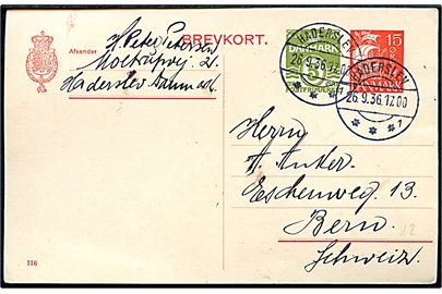 15+5 øre provisorisk helsagsbrevkort (fabr. 116) fra Haderslev d. 26.9.1936 til Bern, Schweiz.