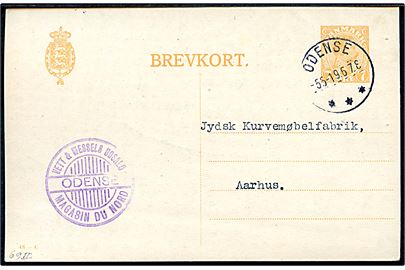 7 øre Chr. X helsagsbrevkort (fabr. 48-C) annulleret med brotype IIIb Odense *** d. 5.5.1919 til Aarhus. Violet afs.-stempel fra Vett & Wessels Udsalg / Odense / Magasin du Nord.