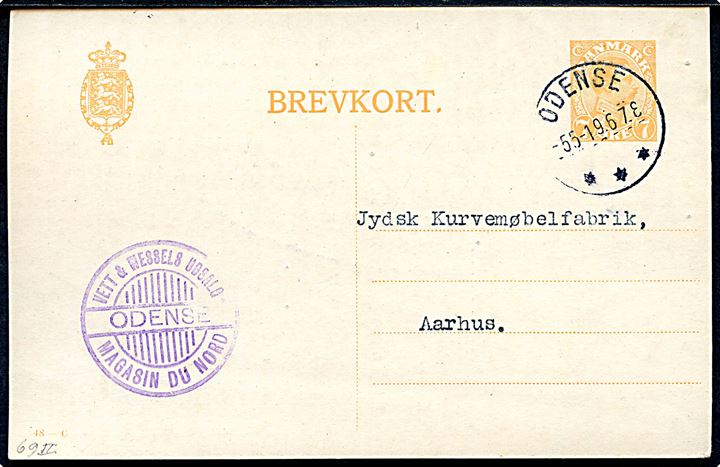7 øre Chr. X helsagsbrevkort (fabr. 48-C) annulleret med brotype IIIb Odense *** d. 5.5.1919 til Aarhus. Violet afs.-stempel fra Vett & Wessels Udsalg / Odense / Magasin du Nord.