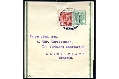 5 øre Fr. VIII helsags korsbånd med vandmærke opfrankeret med 10 øre Chr. X og sendt som 3. vægtkl. tryksag fra Kjøbenhavn d. 6.3.1914 til Davos, Schweiz.