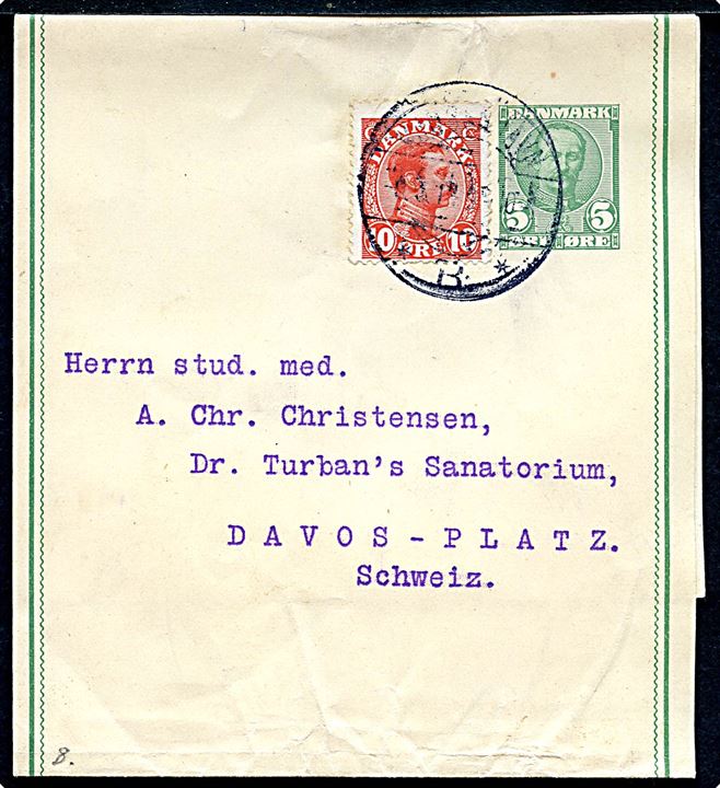 5 øre Fr. VIII helsags korsbånd med vandmærke opfrankeret med 10 øre Chr. X og sendt som 3. vægtkl. tryksag fra Kjøbenhavn d. 6.3.1914 til Davos, Schweiz.
