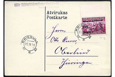 35 c. Memelland ist frei! provisorium på på filatelistisk brevkort stemplet Priekule d. 23.3.1939 og sidestemplet Wir Memeldeutsche sind frei.