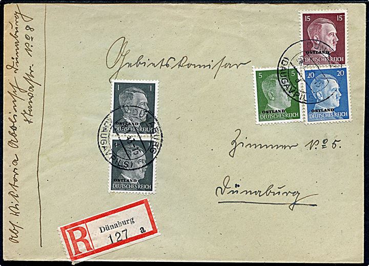 1 pfg. (2), 5 pfg., 15 pfg. og 20 pfg. Hitler Ostland provisorium på anbefalet lokalbrev i Dünaburg d. 28.1.1943