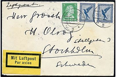5 pfg. Schiller og 20 pfg. Luftpost (par) på 45 pfg. frankeret luftpostbrev fra Berlin d. 29.6.1928 via Malmö til Stockholm, Sverige.