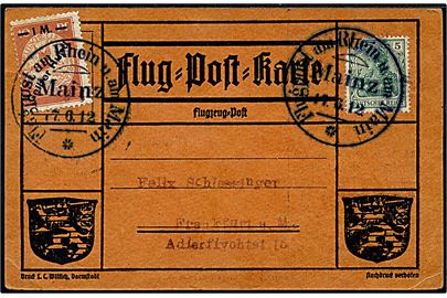 5 pfg. Germania (defekt) og 1 mk./10 pfg. Gelber Hund provisorium på særligt Flug-Post-Karte annulleret Flugpost am Rhein u. am Main / Mainz d. 17.6.1912 til Frankfurt.