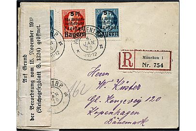 10+5 pfg. , 15+5 pfg. og 20+5 pfg. (2) Krigsinvalider velgørenhed på anbefalet brev fra München d. 4.1.1920 til København, Danmark. Åbnet af tysk valutakontrol.