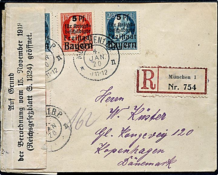 10+5 pfg. , 15+5 pfg. og 20+5 pfg. (2) Krigsinvalider velgørenhed på anbefalet brev fra München d. 4.1.1920 til København, Danmark. Åbnet af tysk valutakontrol.