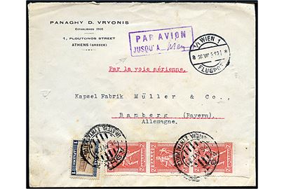 1 d. og 2 dr. (3) på luftpostbrev fra Athen d. 25.8.1931 via Wien til Bamberg, Tyskland. Violet luftpost stempel: Par Avion Jusqu'a (Wien).