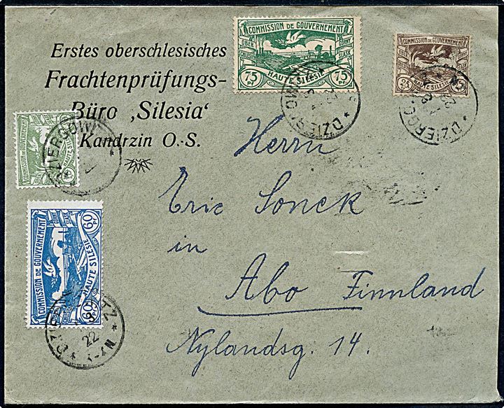 Øvre Schlesien. Blandingsfrankering på for- og bagside af brev fra Dziergowitz d. 1.3.1922 til Åbo, Finland.