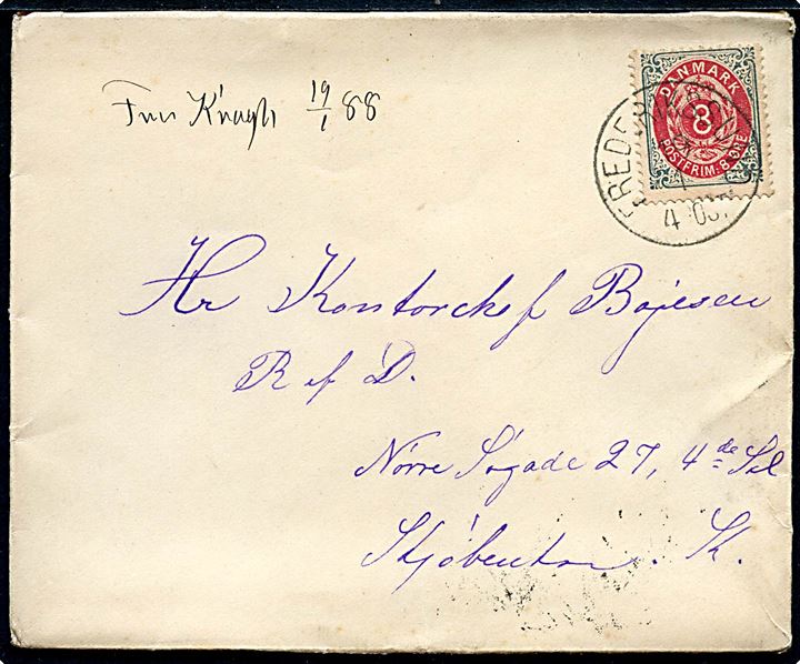 8 øre Tofarvet på landpostbrev (kryds under mærke) annulleret med lapidar Frederikssund d. 19.1.1888 til Kontorchef Bojesen, Ridder af Dannebrog, i København.