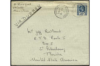 20 c George V single på brev fra Vasoas d. 6.2.1937 til St. Petersburg, USA. Påskrevet: via Durban.