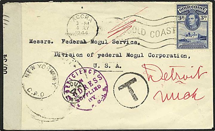 3d George V single på underfrankeret brev fra Accra d. 4.7.1944 til Detroit, USA. Udtakseret i 4 cents amerikansk porto. Åbnet af lokal censur på Guldkysten. PC90 00/34