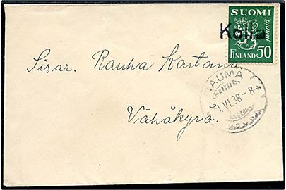 50 pen. Løve på lille kuvert annulleret med liniestempel Kolla og sidestemplet Rauma d. 29.6.1938 til Vähäkyrö.