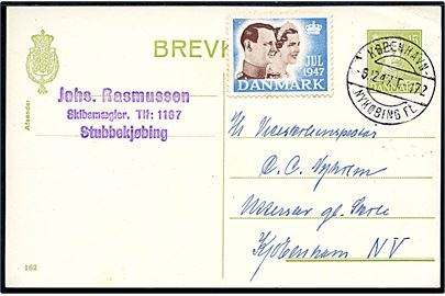 15 øre Chr. X helsagsbrevkort (fabr. 162) med Julemærke 1947 fra Stubbekøbing annulleret med bureaustempel København - Nykøbing Fl. T.172 d. 6.12.1947 til København.