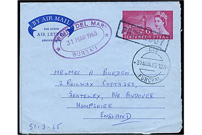6d Elizabeth helsags aerogram skrevet  ombord på Union Castle Line S/S Reina Del Mar d. 31.3.1965 annulleret med rammestempel Paquebot og sidestemplet CTT Funchal d. 31.3.1965 til England.