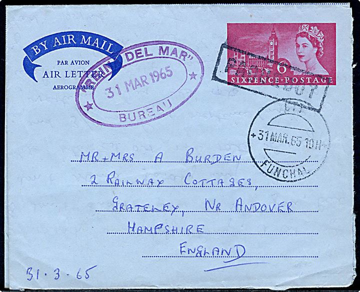 6d Elizabeth helsags aerogram skrevet  ombord på Union Castle Line S/S Reina Del Mar d. 31.3.1965 annulleret med rammestempel Paquebot og sidestemplet CTT Funchal d. 31.3.1965 til England.
