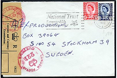 Wales lokal udg. 4d og 5d Elizabeth på brev fra Hereford d. 31.5.1970 til Stockholm, Sverige. Åbnet af britisk toldkontrol i London.