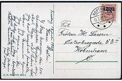 15 øre 1. Zone udg. på brevkort (Hilsen fra Grænsen) annulleret med brotype IIb Hoptrup d. 13.7.1920 til København. Interessant meddelelse som bl.a. fortæller: I Dag kommer der 100 Sønderjydske Spejdere, der skal ligge ved Siden af os.