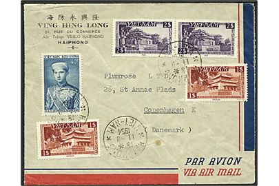 Vietnam. 6,40 p. blandingsfrankeret luftpostbrev fra Haipong d. 11.9.1954 til København, Danmark.