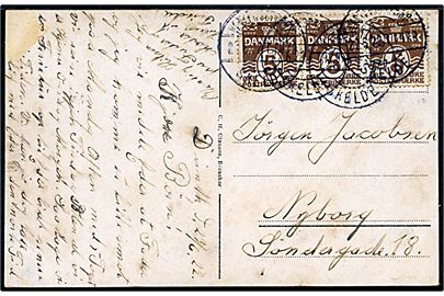 5 øre Bølgelinie (3) på brevkort fra Dynt annulleret med svagt bureaustempel Vester-Sottrup - Skelde T.1479 d. 23.6.1922 til Nyborg.