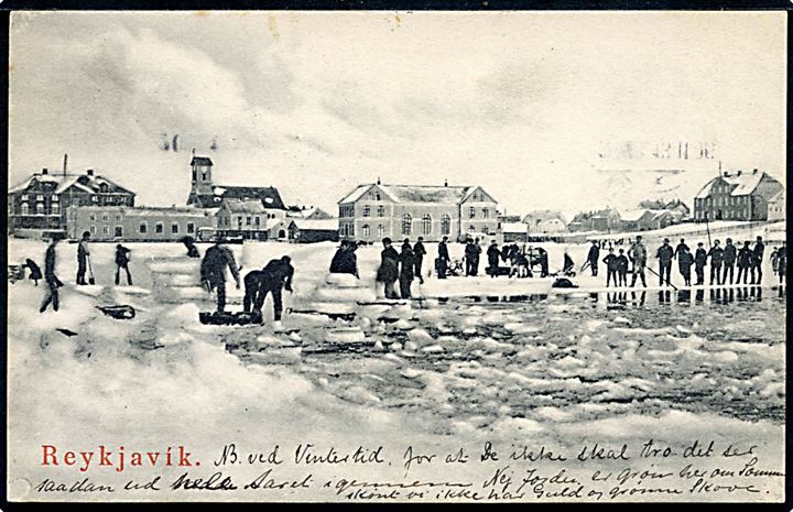 4 aur Chr. IX i parstykke på brevkort (Reykjavik ved vintertid) fra Seydisfjord d. 3.11.1906 via Kjøbenhavn d. 13.11.1906 til Hedehusene. 
