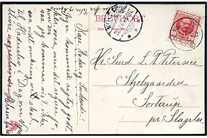 10 øre Fr. VIII på brevkort (Hestevogn kører ned fra Skamlingsbanken) annulleret med stjernestempel TAPS og sidestemplet Kolding d. 30.7.1909 til Sorterup pr. Slagelse.