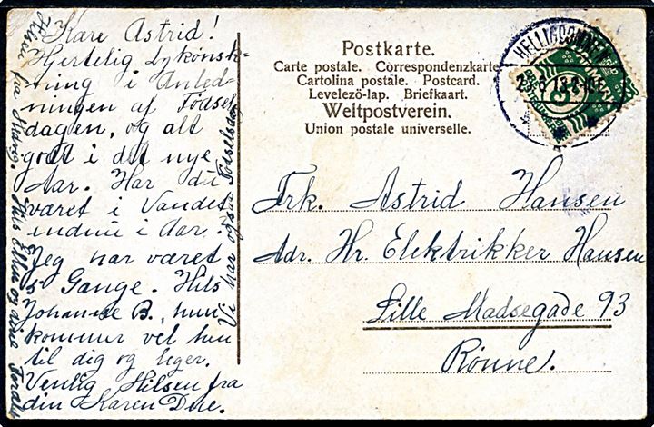 5 øre Bølgelinie på brevkort annulleret med brotype IIb Helligdommen d. 25.6.1913 til Rønne.