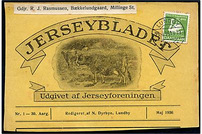 5 øre H. C. Andersen på del af forside af Jerseybladet sendt som tryksag fra Lundby d. 25.5.1936 til Lillinge.