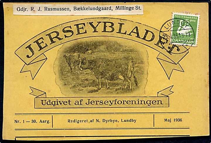 5 øre H. C. Andersen på del af forside af Jerseybladet sendt som tryksag fra Lundby d. 25.5.1936 til Lillinge.
