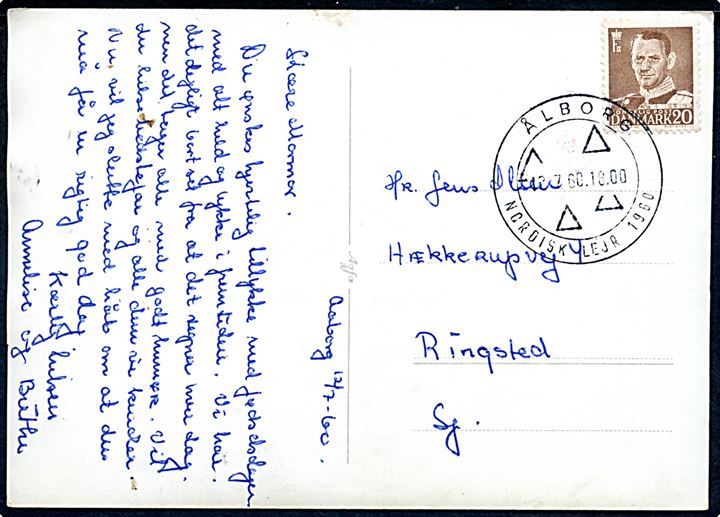 20 øre Fr. IX på brevkort (DUI Nordisk Lejr) annulleret med særstempel Ålborg Nordisk Lejr 1960 d. 2.7.1960 til Ringsted.