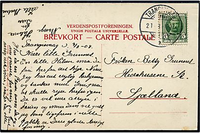 5 øre Fr. VIII på brevkort (Suderøens Østside) annulleret med brotype Ig Trangisvaag d. 21.8.1907 til Hedehusene, Danmark.