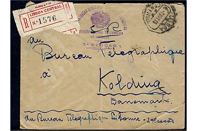 Portugisisk anbefalet postsagskuvert fra Telegrafkontoret i Lissabon d. 7.10.1936 til telegrafkontoret i Kolding, Danmark.