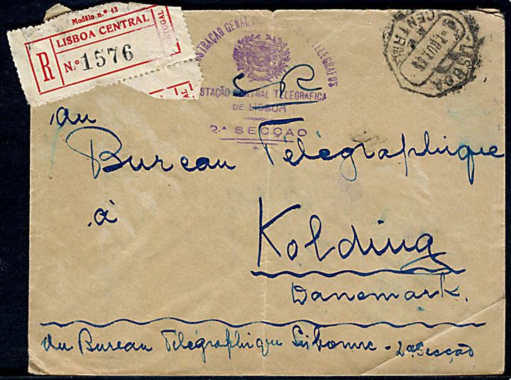 Portugisisk anbefalet postsagskuvert fra Telegrafkontoret i Lissabon d. 7.10.1936 til telegrafkontoret i Kolding, Danmark.