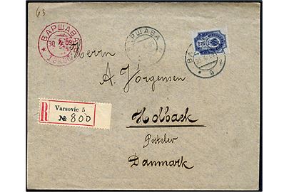 10 kop. Våben single på  anbefalet brev fra Warszawa d. 30.4.1909 til Holbæk, Danmark.
