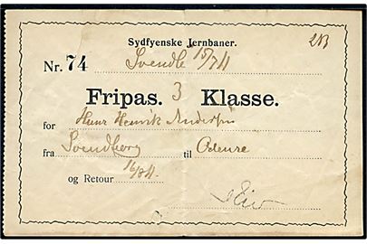 Sydfyenske Jernbaner Fripas 3. Klasse udstedt i Svendborg d. 15.7.1911 for rejse fra Svendborg til Odense og retur. 