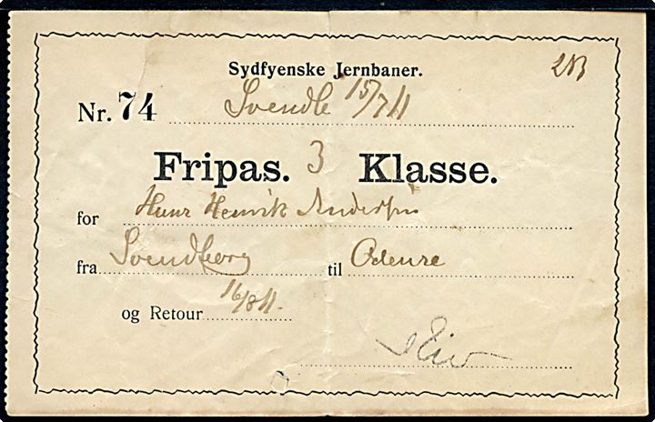 Sydfyenske Jernbaner Fripas 3. Klasse udstedt i Svendborg d. 15.7.1911 for rejse fra Svendborg til Odense og retur. 