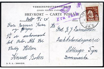 15 øre Ibsen på brevkort (Skandinavien Amerika Linie dampskib) annulleret Oslo d. 11.5.1928 og sidestemplet Posthorn / Fra skib til Millinge, Danmark.