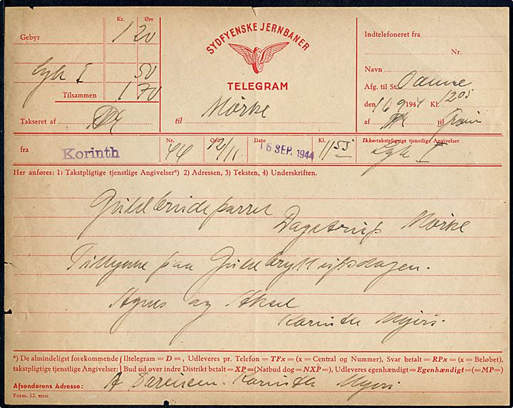 Sydfyenske Jernbaner telegram - Form 12. 22076 - med meddelelse fra Korinth d. 16.9.1944 til guldbrudepar i Mørke.
