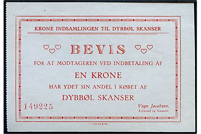Bevis for indbetaling til Krone Indsamlingen til Dybbøl Skanser. Indsamling i 1922 med henblik på at erhverve arealer ved Dybbøl til etablering af en Nationalpark Dybbøl. 
