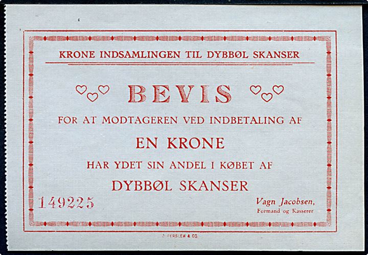 Bevis for indbetaling til Krone Indsamlingen til Dybbøl Skanser. Indsamling i 1922 med henblik på at erhverve arealer ved Dybbøl til etablering af en Nationalpark Dybbøl. 