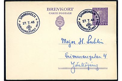 10 öre Gustaf helsagsbrevkort annulleret med spejder særstempel Sparreholm * Jubilæumslägret 1946 * d. 27.7.1946 til Jönköping.
