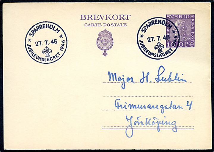 10 öre Gustaf helsagsbrevkort annulleret med spejder særstempel Sparreholm * Jubilæumslägret 1946 * d. 27.7.1946 til Jönköping.