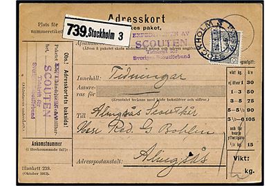 50 öre Gustaf single på adressekort pakke med tidningar fra Expeditionen av SCOUTEN Tidskrift för Sveriges Scoutförbund i Stockholm d. 15.1.1914 til Allingsås Scoutkår. Sveriges Scoutförbund blev stiftet 3.1.1912 og samme år udkommer første nummer af spejder tidsskriftet Scouten. 