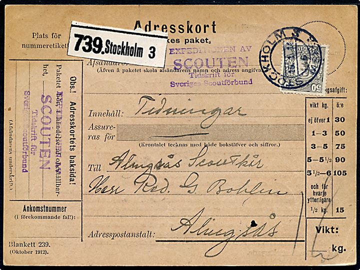 50 öre Gustaf single på adressekort pakke med tidningar fra Expeditionen av SCOUTEN Tidskrift för Sveriges Scoutförbund i Stockholm d. 15.1.1914 til Allingsås Scoutkår. Sveriges Scoutförbund blev stiftet 3.1.1912 og samme år udkommer første nummer af spejder tidsskriftet Scouten. 