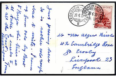 20 øre Turist udg. på brevkort (Aftenstemning ved Svolvær) annulleret med sejlende bureaustempel Trondheim - Kirkenes R d. 26.6.1939 til Liverpool, England.