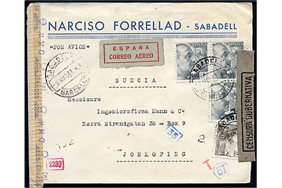 5 cts. Rytter og 1 pta. (3) Franco på luftpostbrev fra Sabadell d. 8.3.1944 via Barcelona til Jönköping, Sverige. Åbnet af både lokal spansk censur fra Barcelona og tysk censur i München.