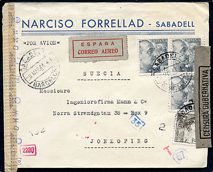 5 cts. Rytter og 1 pta. (3) Franco på luftpostbrev fra Sabadell d. 8.3.1944 via Barcelona til Jönköping, Sverige. Åbnet af både lokal spansk censur fra Barcelona og tysk censur i München.