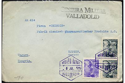 20 cts. og 1 pta. (2) Franco på brev stemplet Correo Aereo Valladolid d. 6.7.1939 til Ujpest, Ungarn. Lokal spansk censur fra Valladolid.